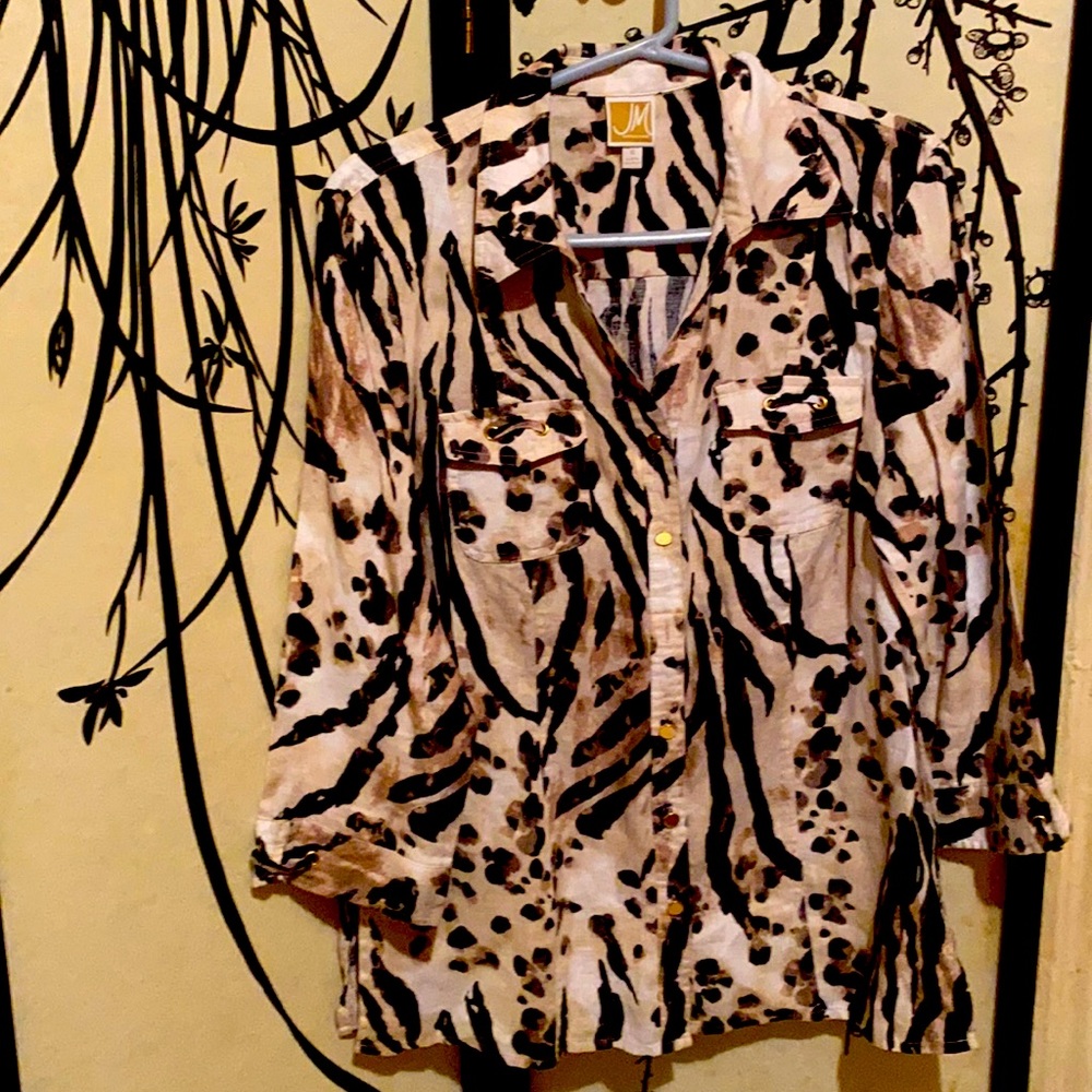 JM Collection Women Jacket Blazer 100% Linen Animal Print Two Chest Packets